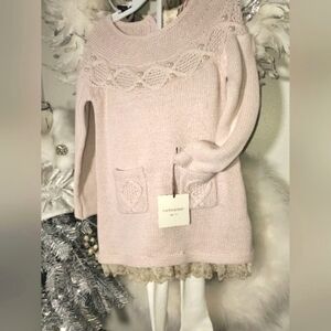 Girls blush pink, white sweater dress, hat, tights set, lace cotton Size 2T